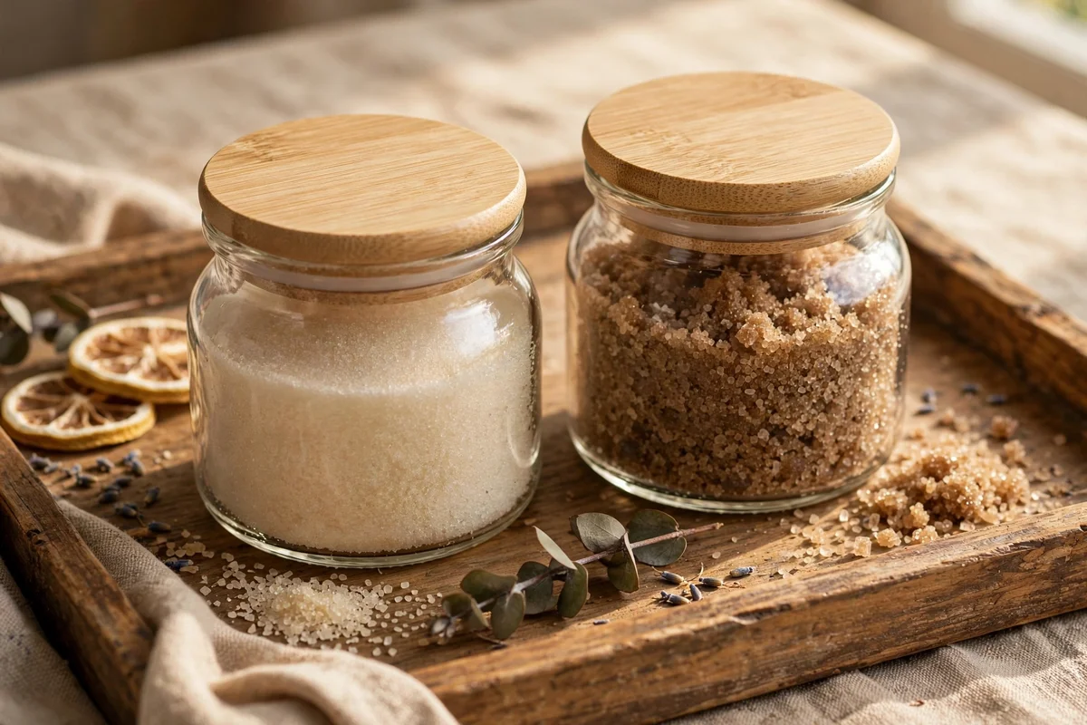 Twin jars of fine and coarse sugar scrub on a wooden tray