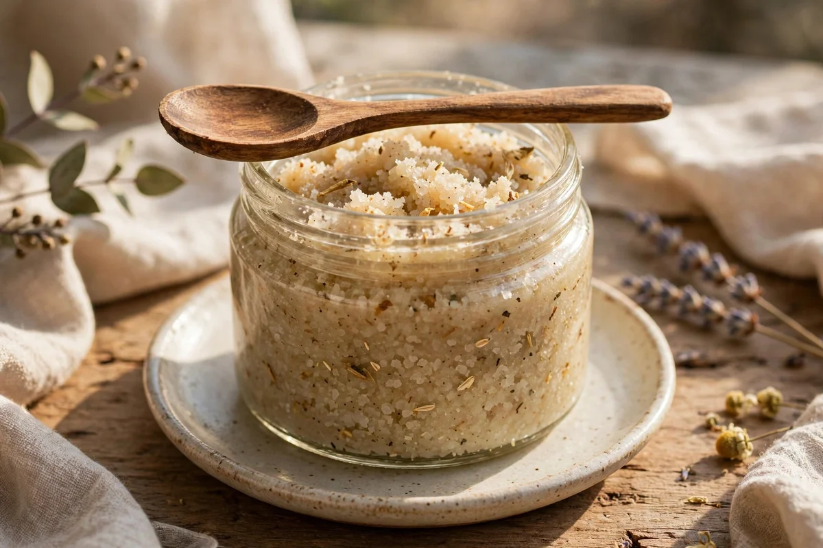 Wooden spoon resting across a scrub jar on a saucer