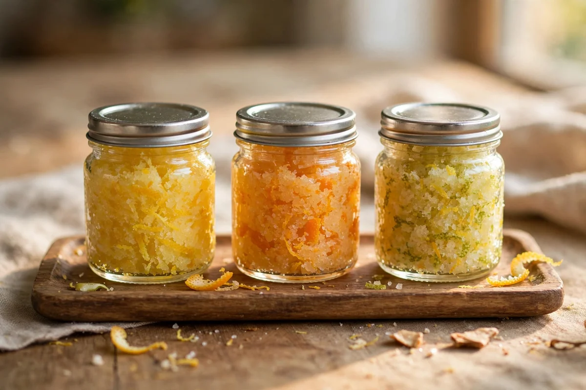 Three mini citrus sugar scrub jars on a wooden tray