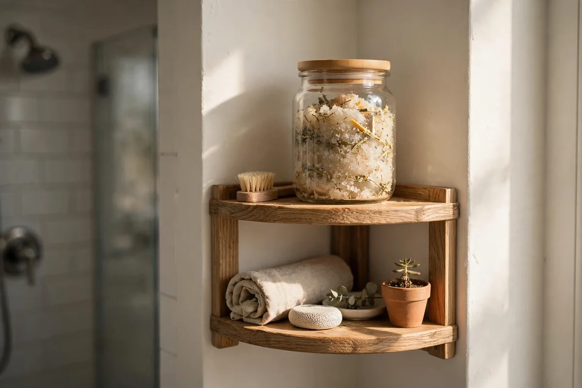 Scrub jar stored on a dry corner shelf away from spray
