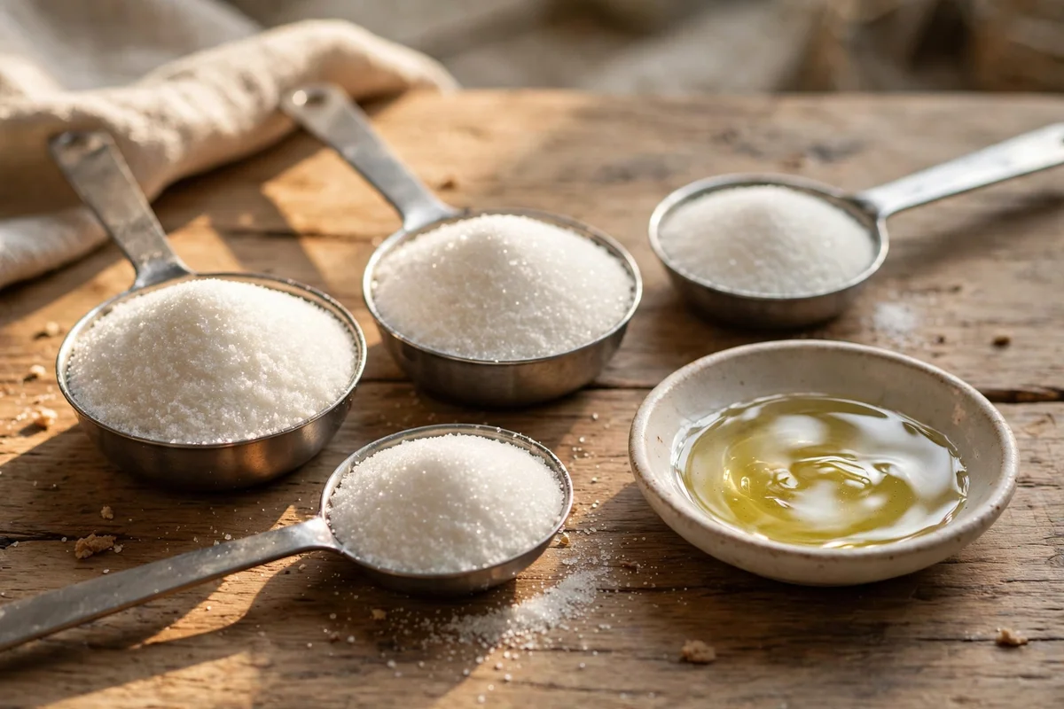 Sugar and oil measured in tablespoons on a counter