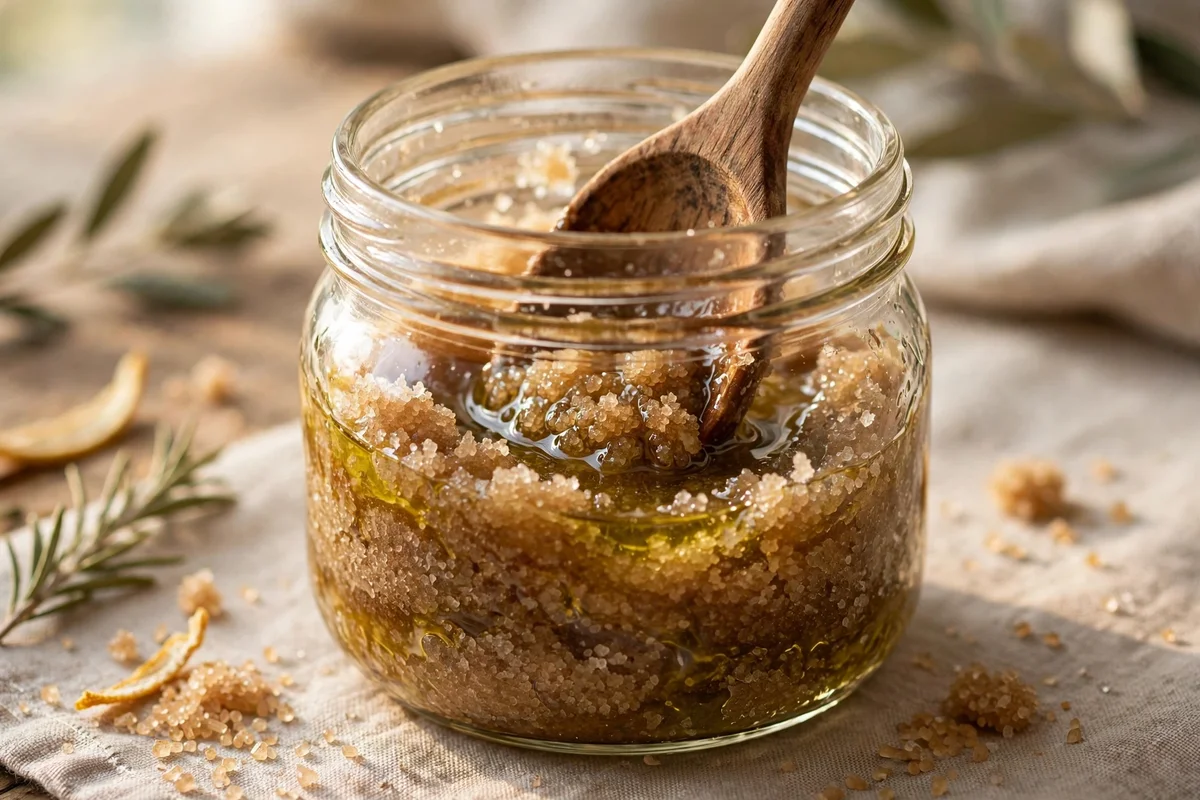 Stirring fresh oil into a jar of sugar scrub