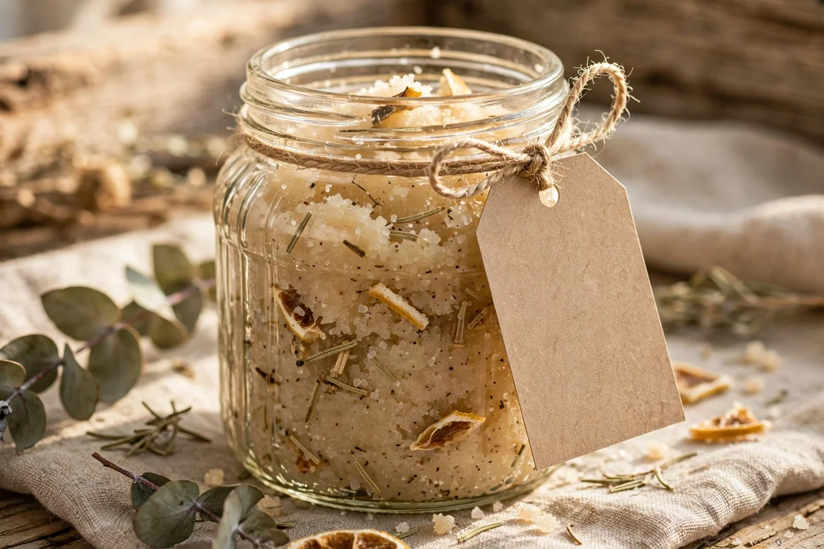 Plain paper tag tied with twine on a scrub jar