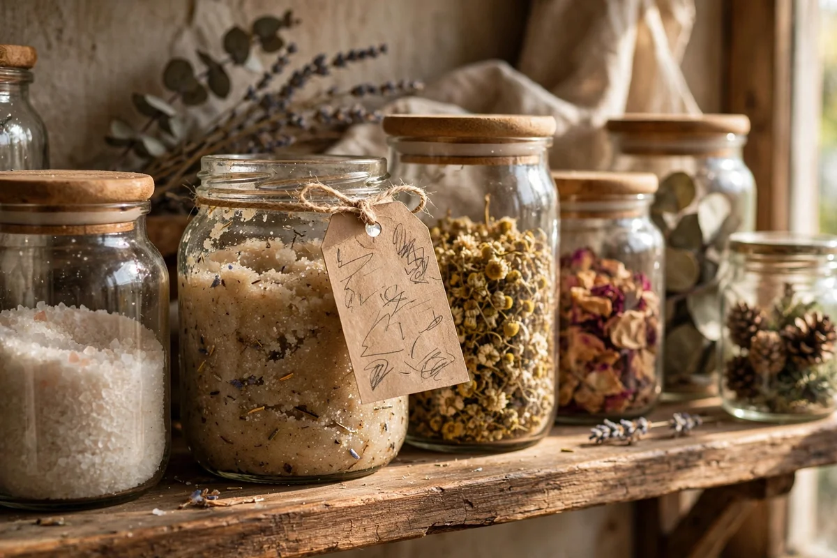 Pencil labelled tags on scrub jars lined on a shelf