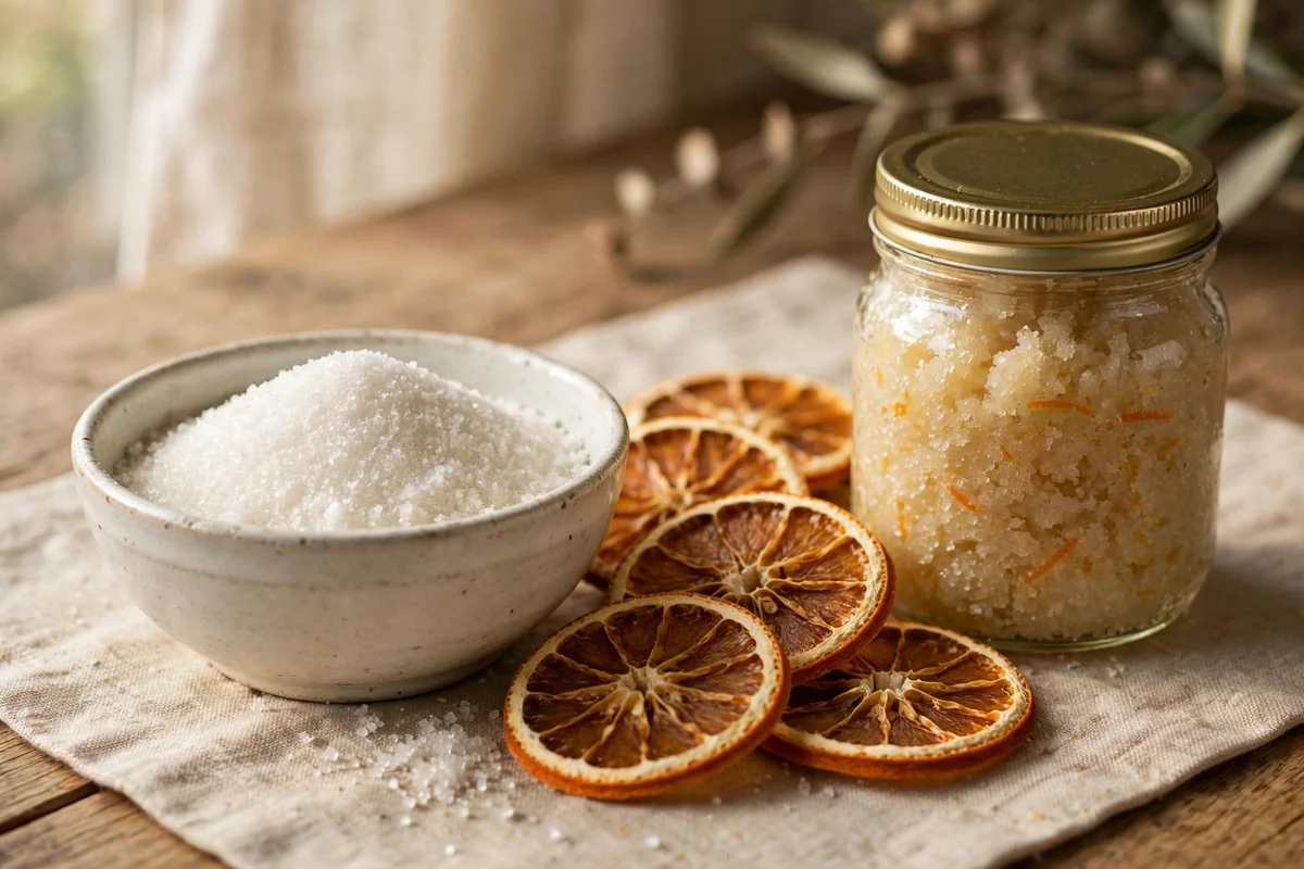 Ceramic bowl of sugar with dried orange beside a jar