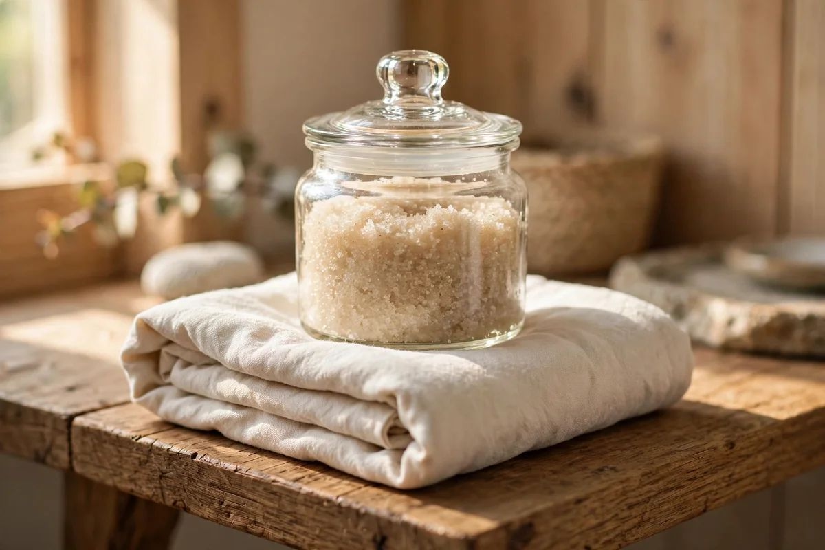 Cotton cloth under a scrub jar on a wooden shelf