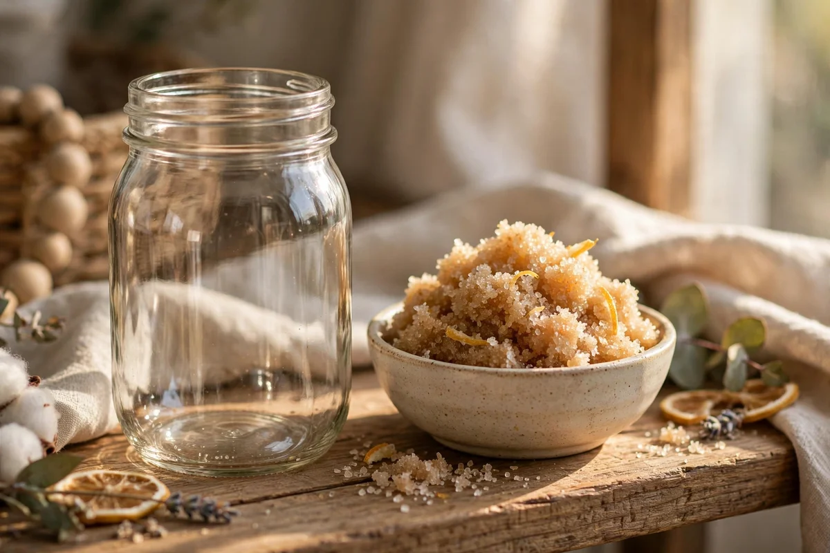 Clean empty jar beside a fresh batch of sugar scrub