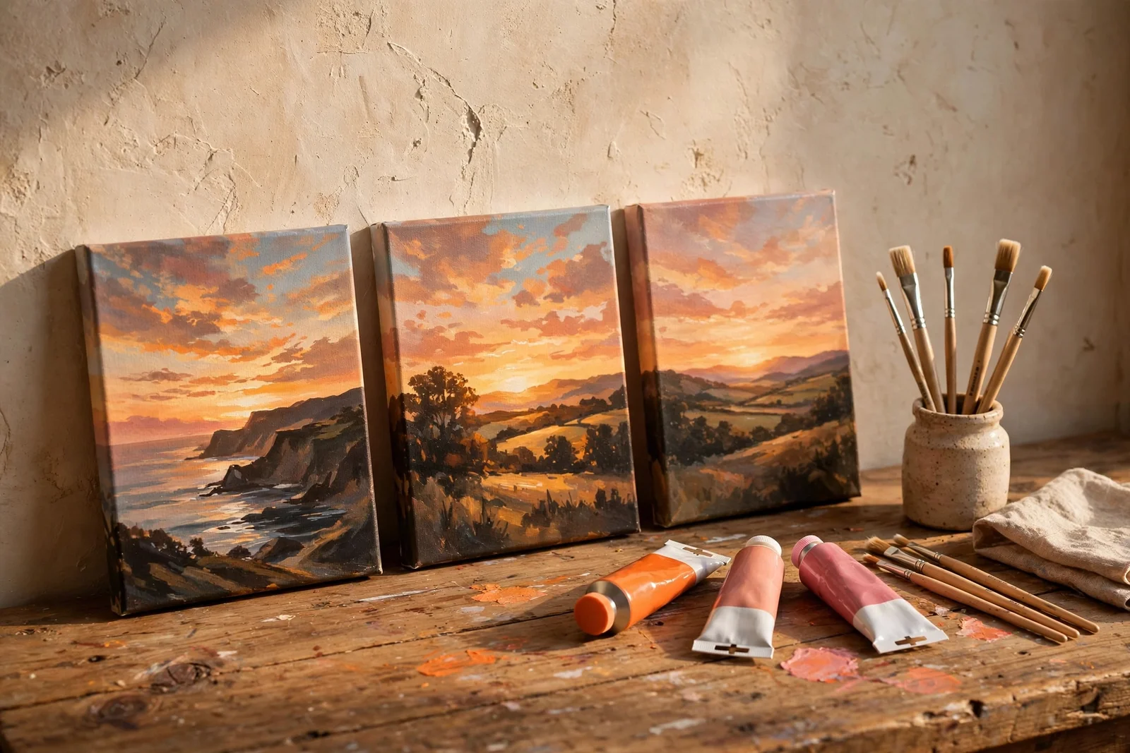 Still life of finished sunset paintings, orange and rose paint tubes and brushes in warm light