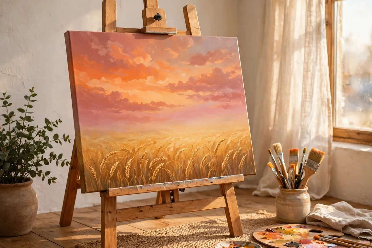 Finished painting of a gradient orange and rose sky over a golden wheat field on an easel