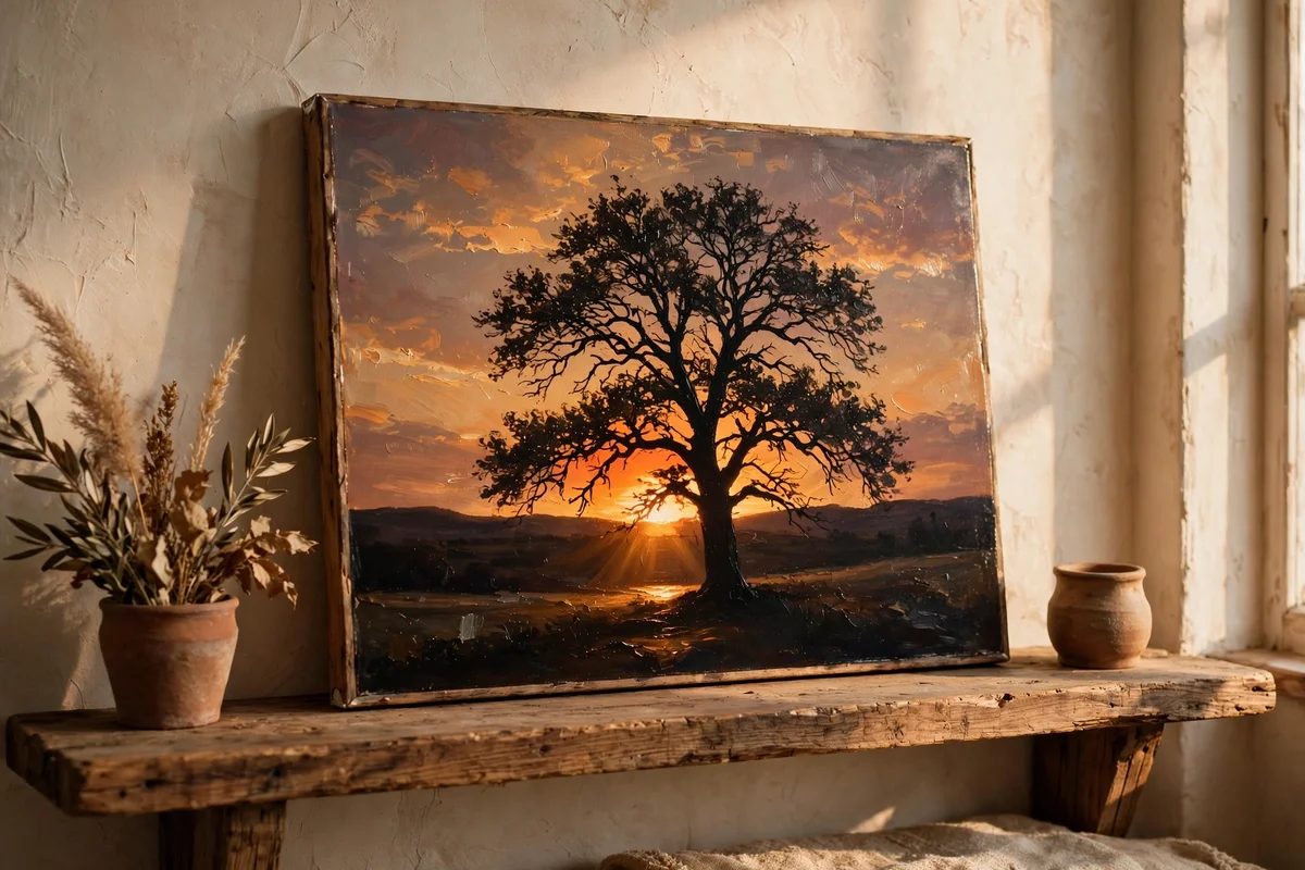 Canvas painting of a glowing sun dropping behind a lone dark oak tree silhouette