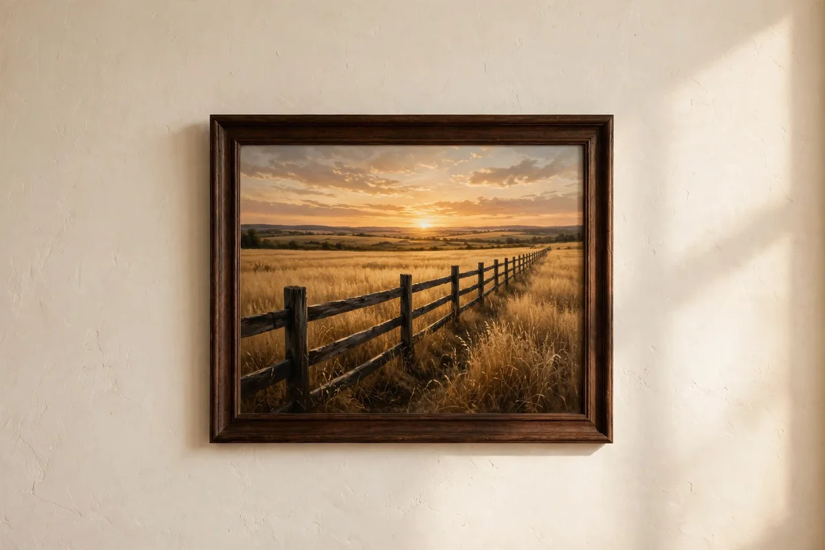 Painting of a dark wooden fence running toward a sunset horizon over a golden field