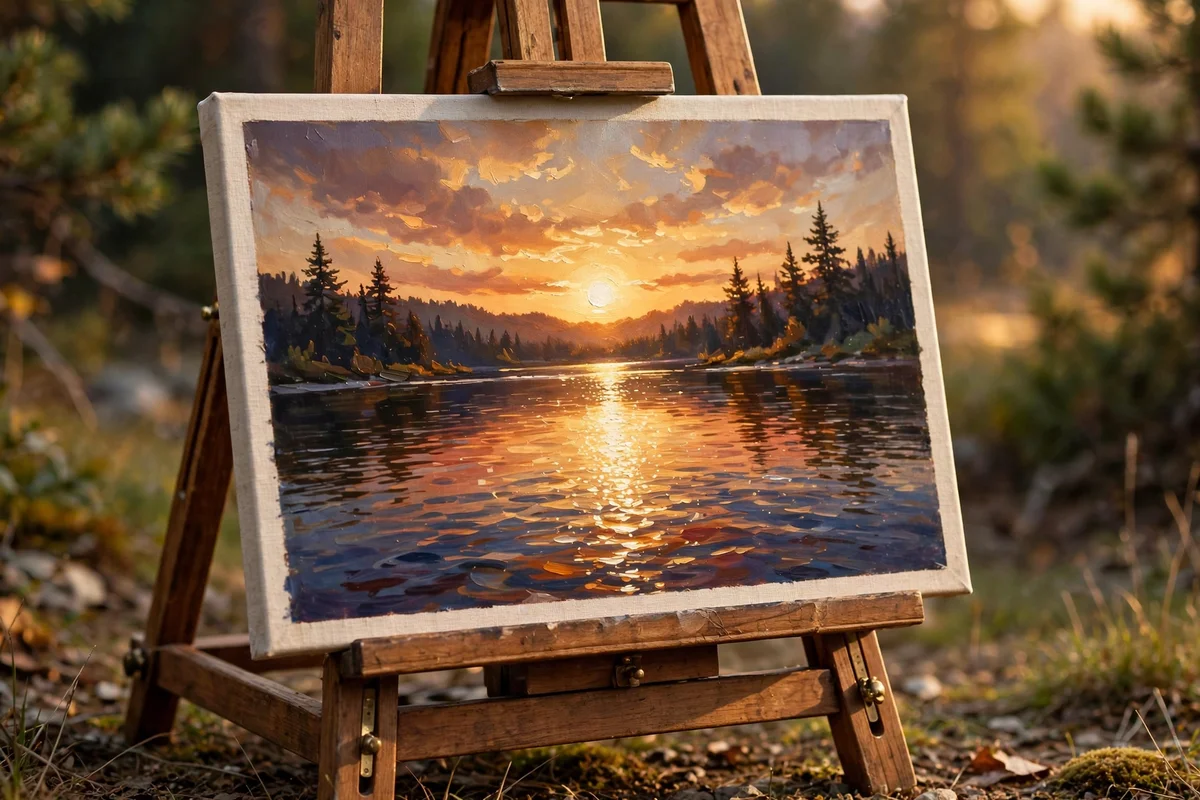 Canvas painting of a sunset reflected on a quiet lake with a bright sun path on water