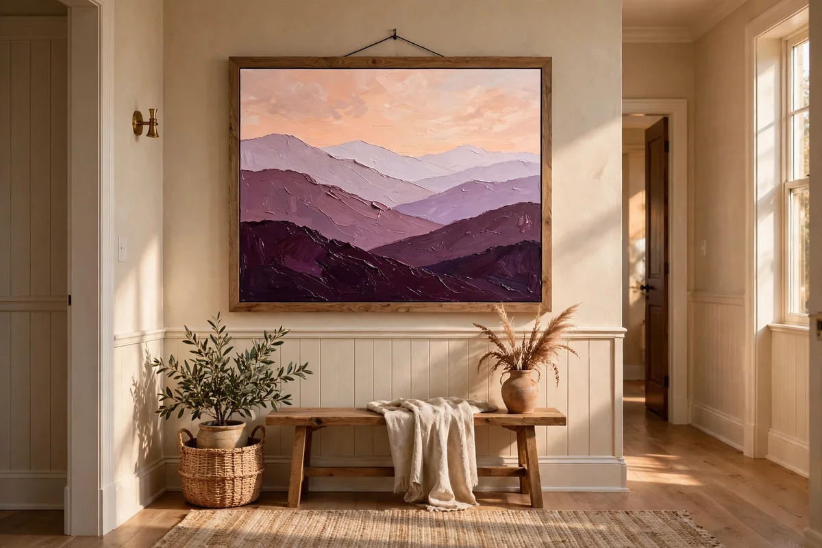 Finished painting of layered hills in plum, mauve and pale lilac under a peach sky