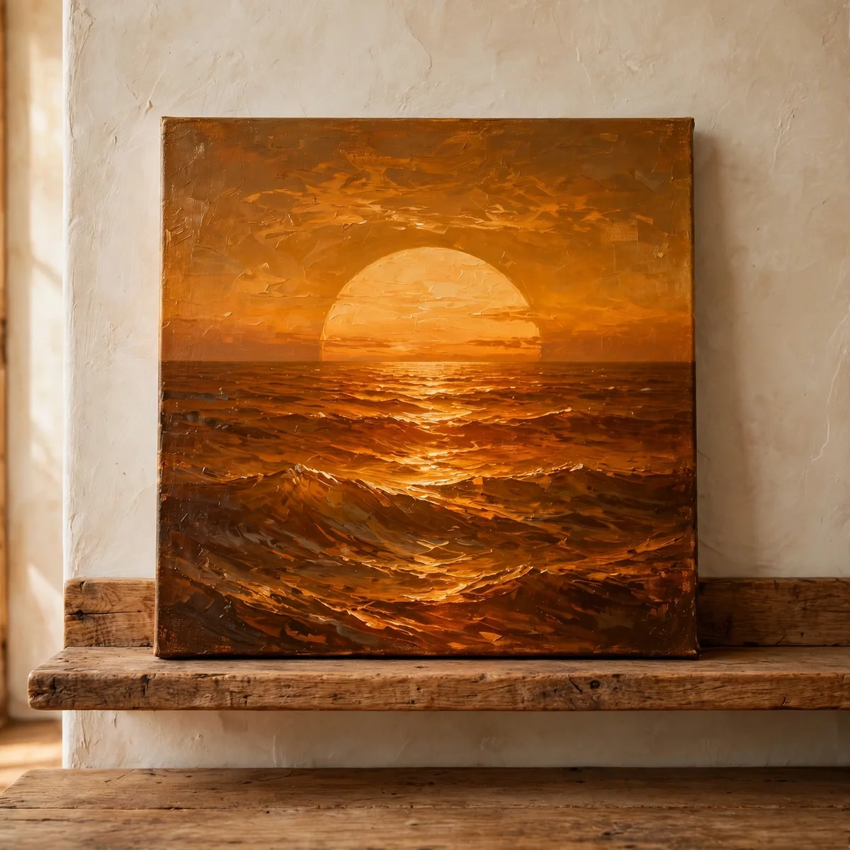Square canvas painting of a big low sun half below the horizon over a deep amber sea