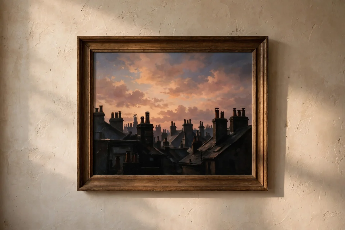 Painting of dark rooftops and chimney pots silhouetted against an apricot dusk sky