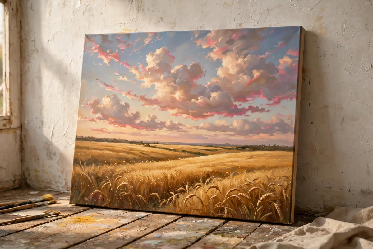 Canvas painting of rose-edged clouds floating above a golden harvest field