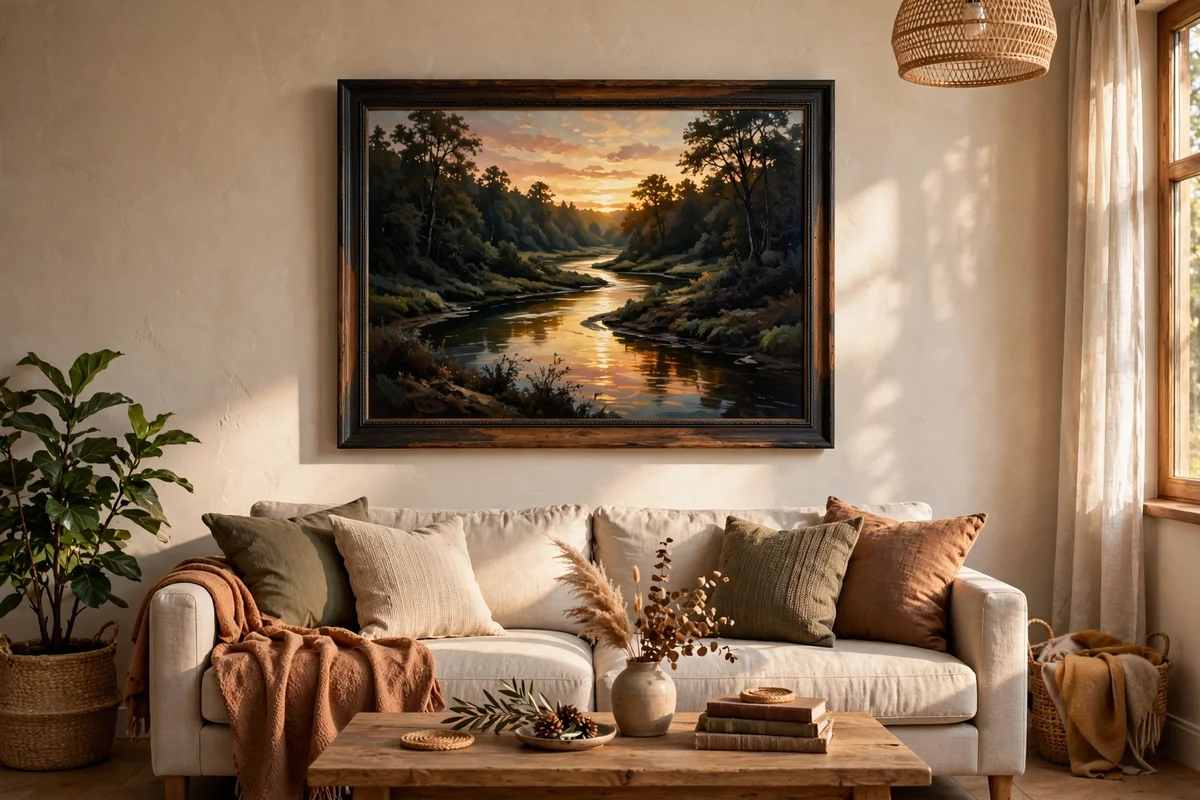 Painting of a curving river carrying warm sunset reflections through dark banks