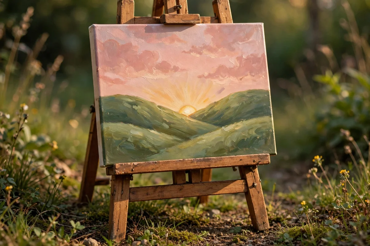 Canvas painting of a small sun resting between two soft green hills under a rose sky