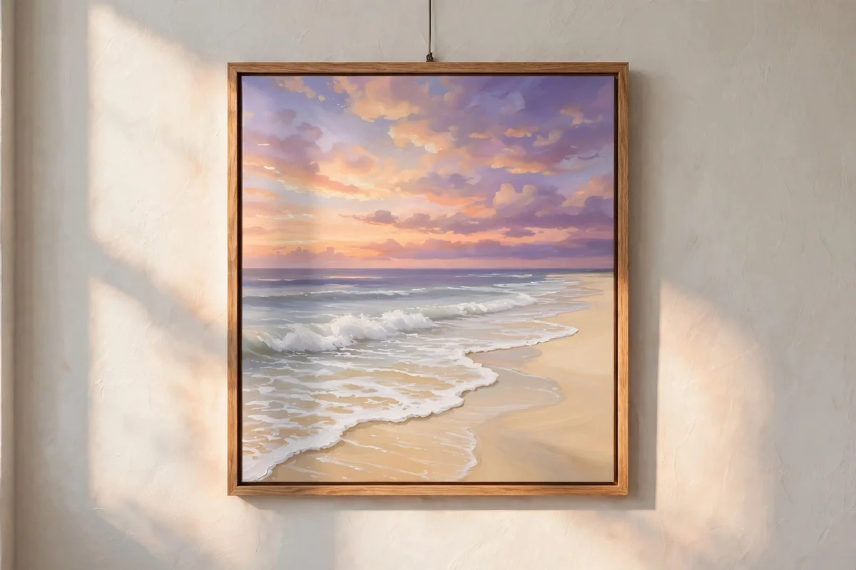 Finished painting of gentle white waves on a pale gold beach under a peach and violet sky