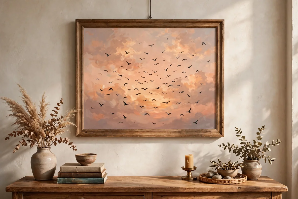 Canvas painting of small dark birds scattered across a peach-coloured sunset sky