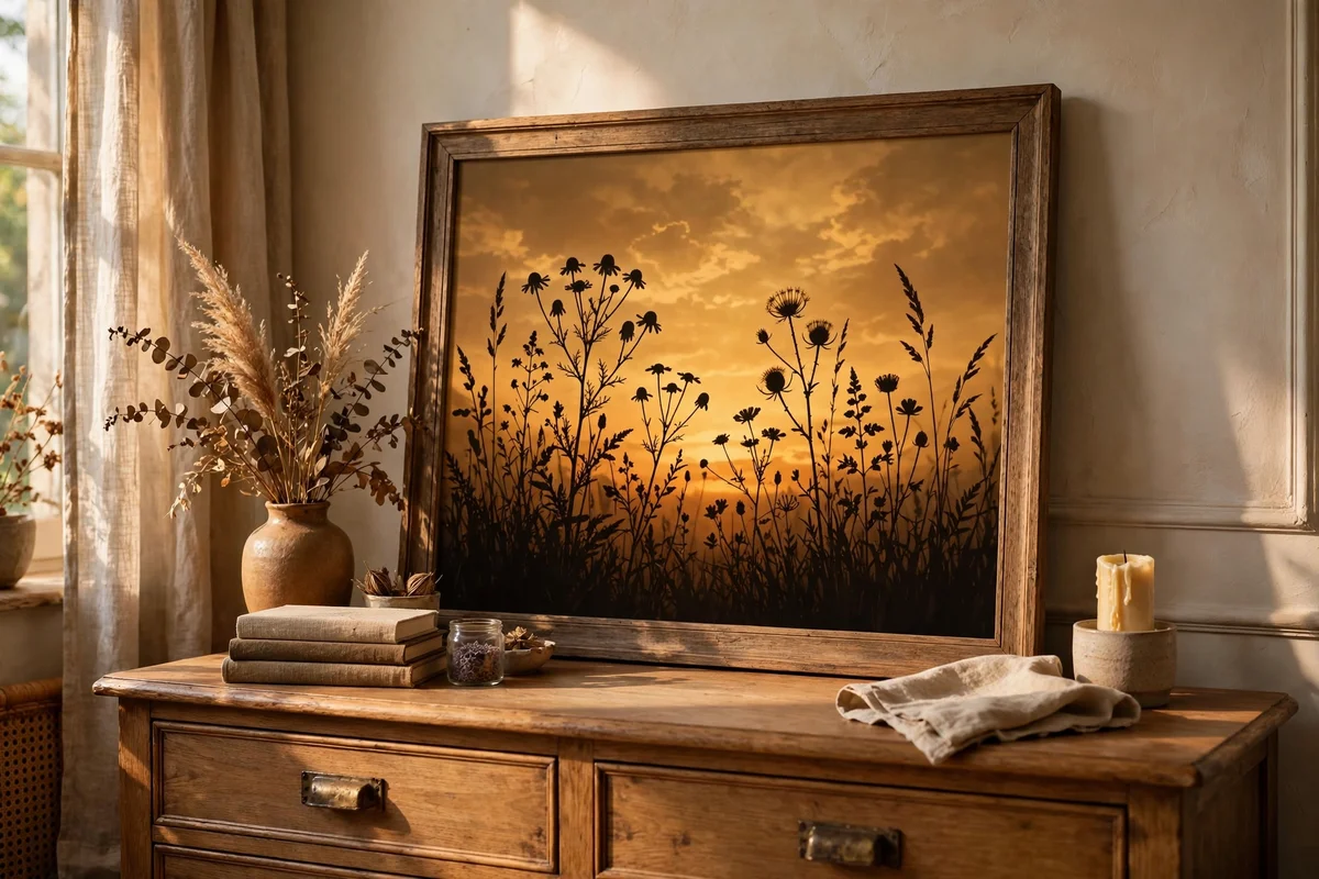 Painting of dark wildflower silhouettes standing against a glowing amber sky