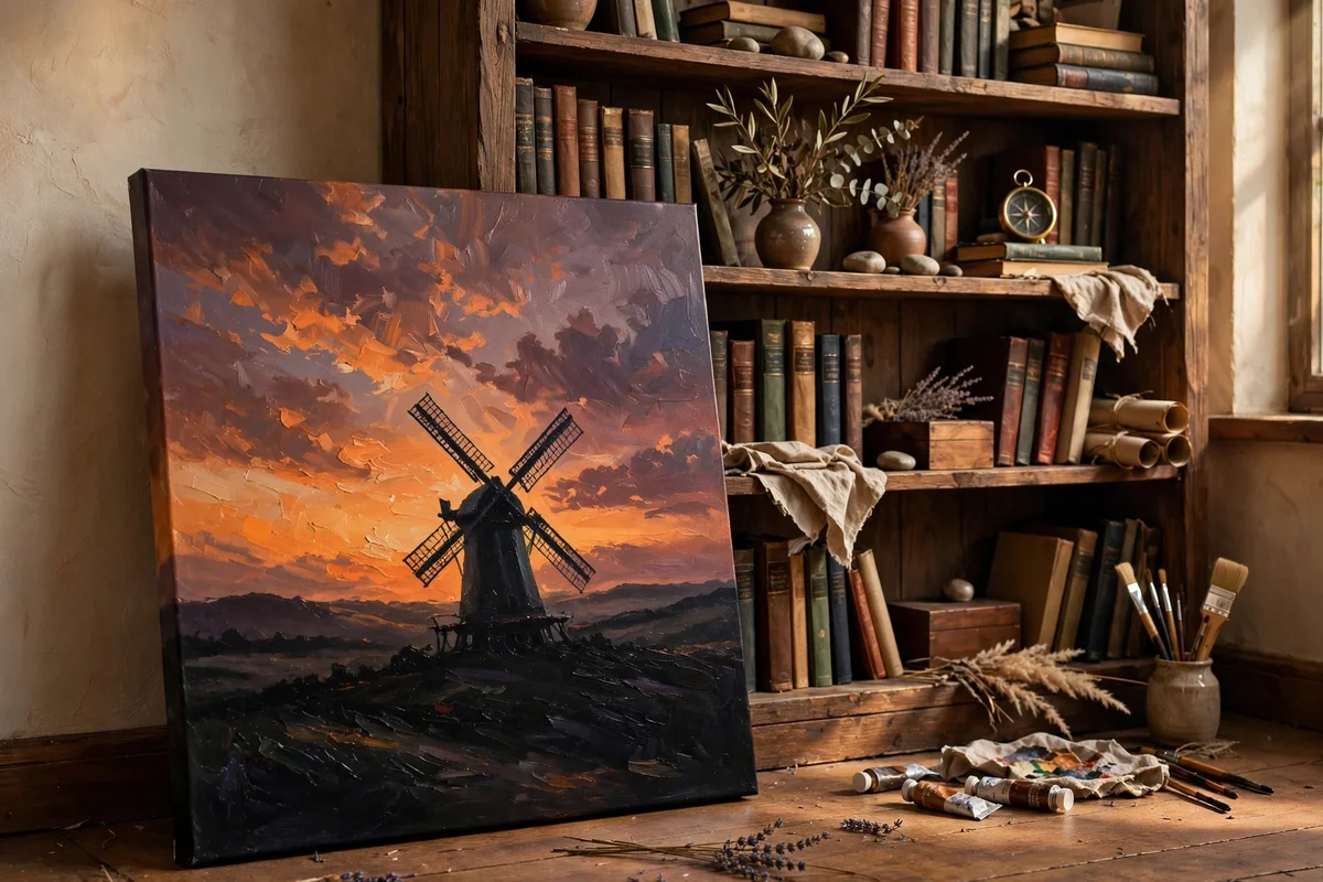 Canvas painting of a dark windmill silhouette at dusk under a tangerine and plum sky