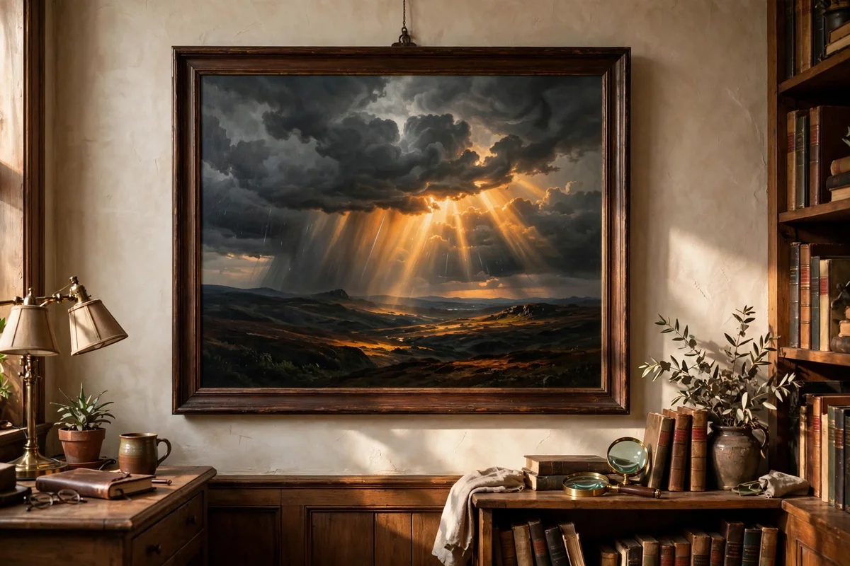 Dramatic painting of one dark rain cloud breaking into orange light rays over shadowed land