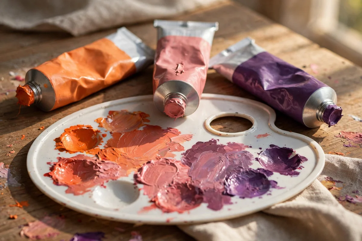 Still life of three acrylic paint tubes in orange, rose and purple with blended swatches on a palette
