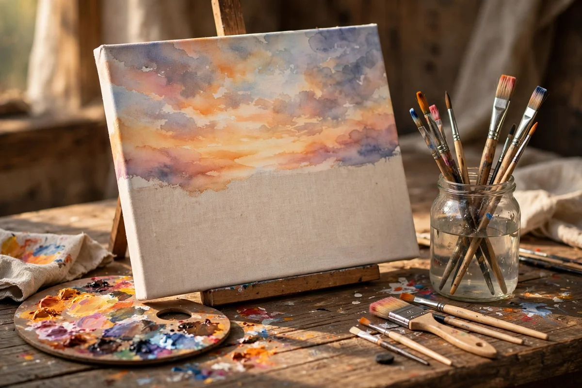 Still life of a half-painted sunset canvas showing the sky wash first, with brushes and palette