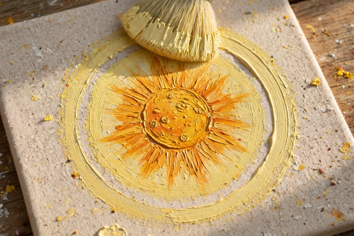 Close still life of a soft brush circling a pale yellow halo around a painted sun on canvas