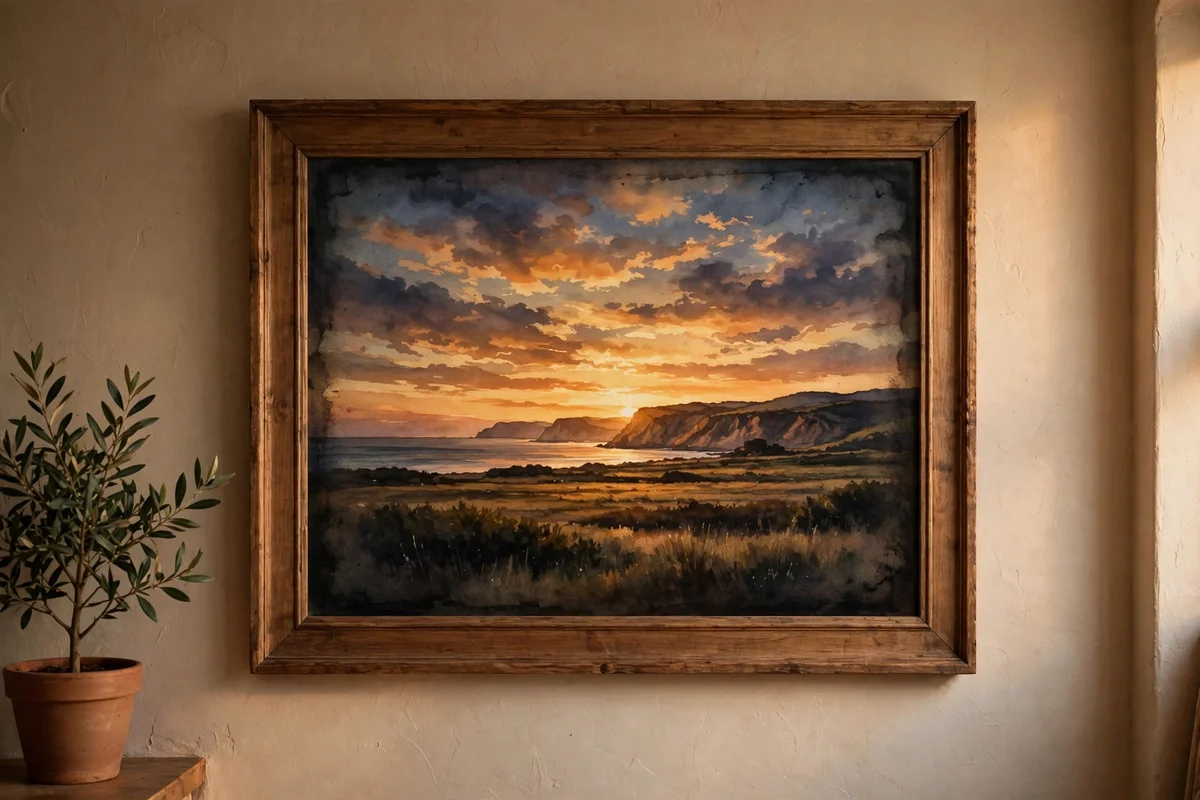 Finished sunset painting with softly darkened vignette edges in a wooden frame on a wall