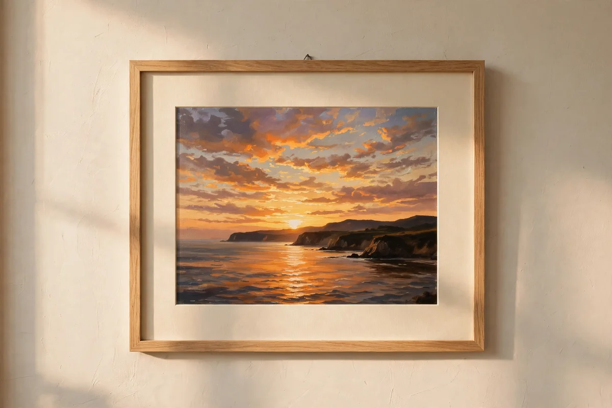 Sunset canvas painting in a simple light oak frame with a cream mount on a neutral wall