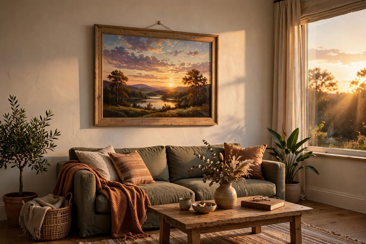 Framed sunset painting hanging on a west-facing living room wall glowing in evening sunlight