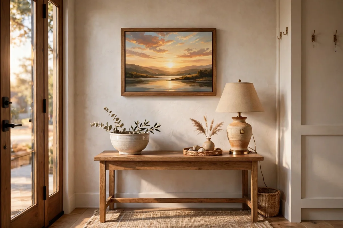 Framed sunset canvas above a small console table with a ceramic bowl and lamp in an entryway