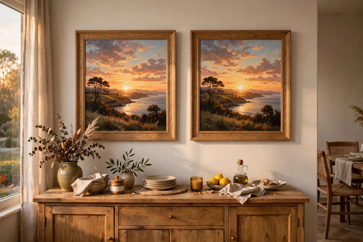 Pair of matching sunset paintings in identical oak frames hanging above a dining room sideboard