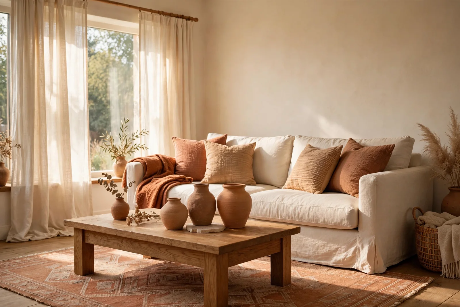Terracotta and cream living room with clay cushions on a cream sofa