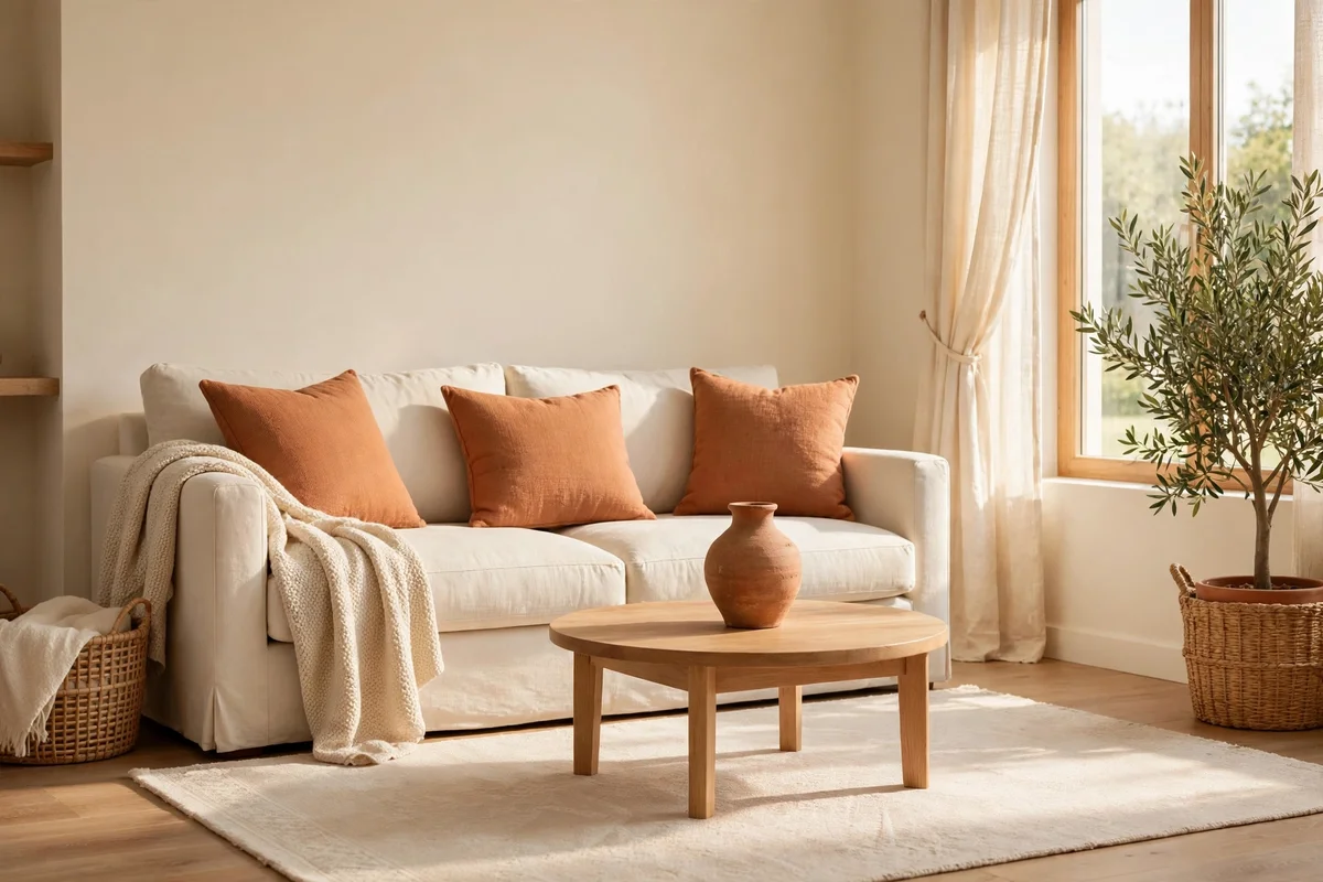 Terracotta accents balanced with cream walls and sofa in a calm living room