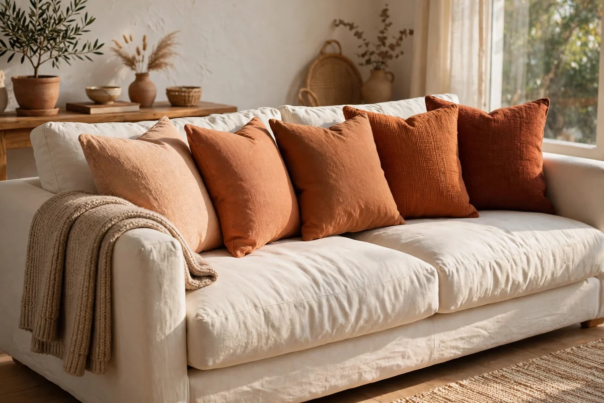 Cream sofa styled with clay toned cushions and a rust wool throw