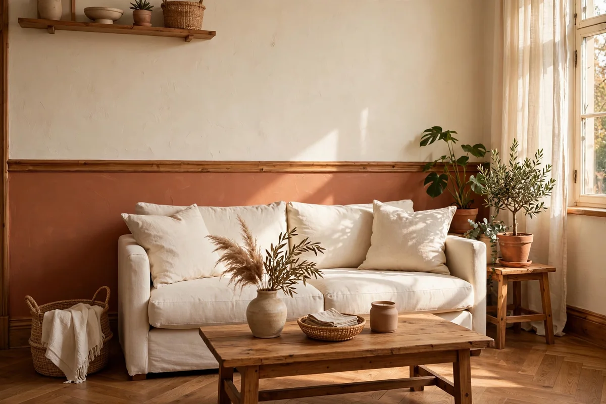 Living room with terracotta lower walls and cream above the dado line