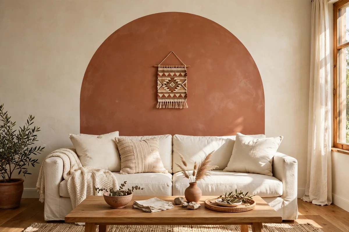 Terracotta painted arch framing a cream sofa on a cream wall