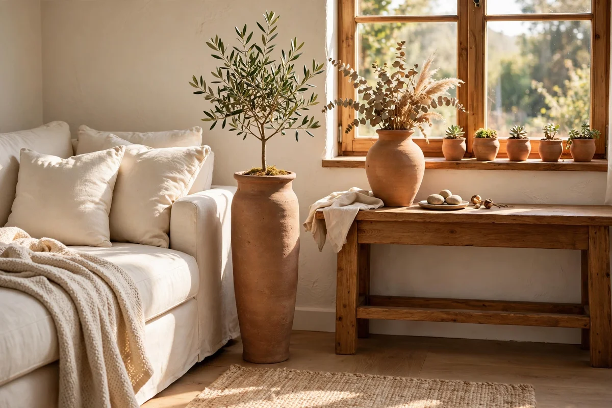 Unglazed clay pots and vases repeated through a cream living room