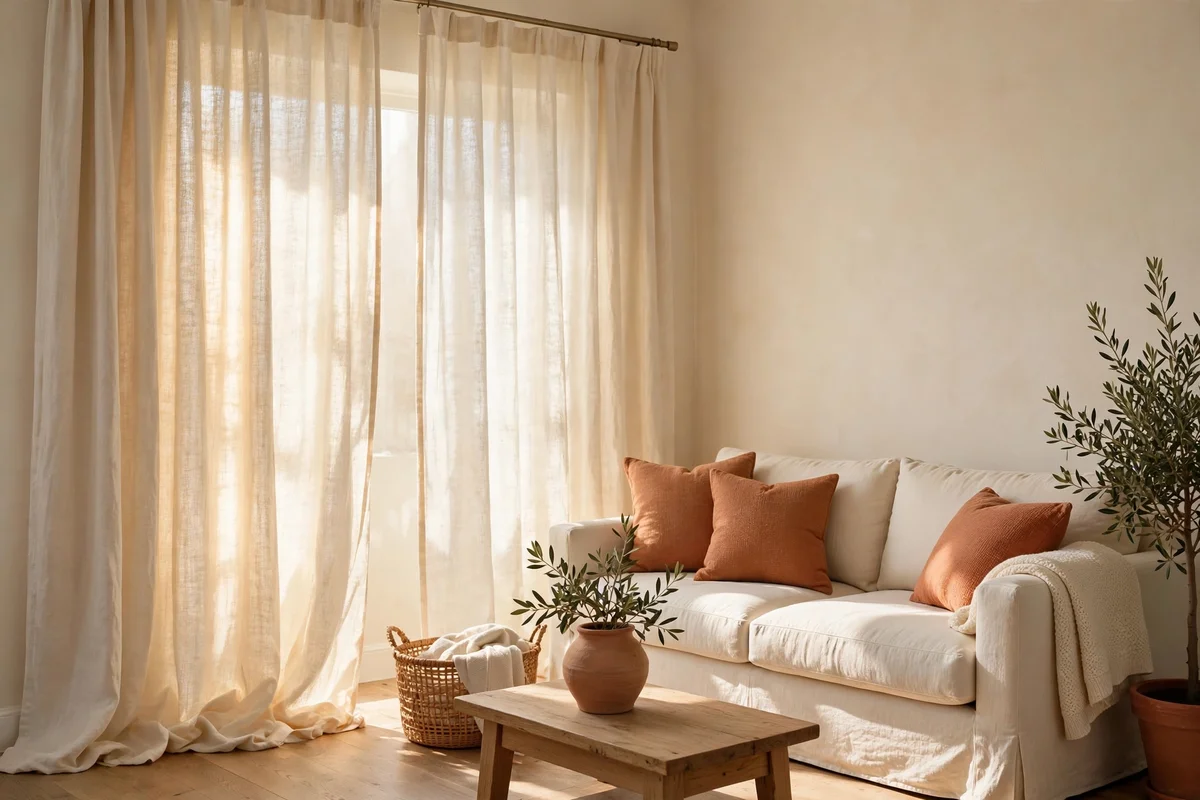 Cream linen curtains softening daylight in a warm living room