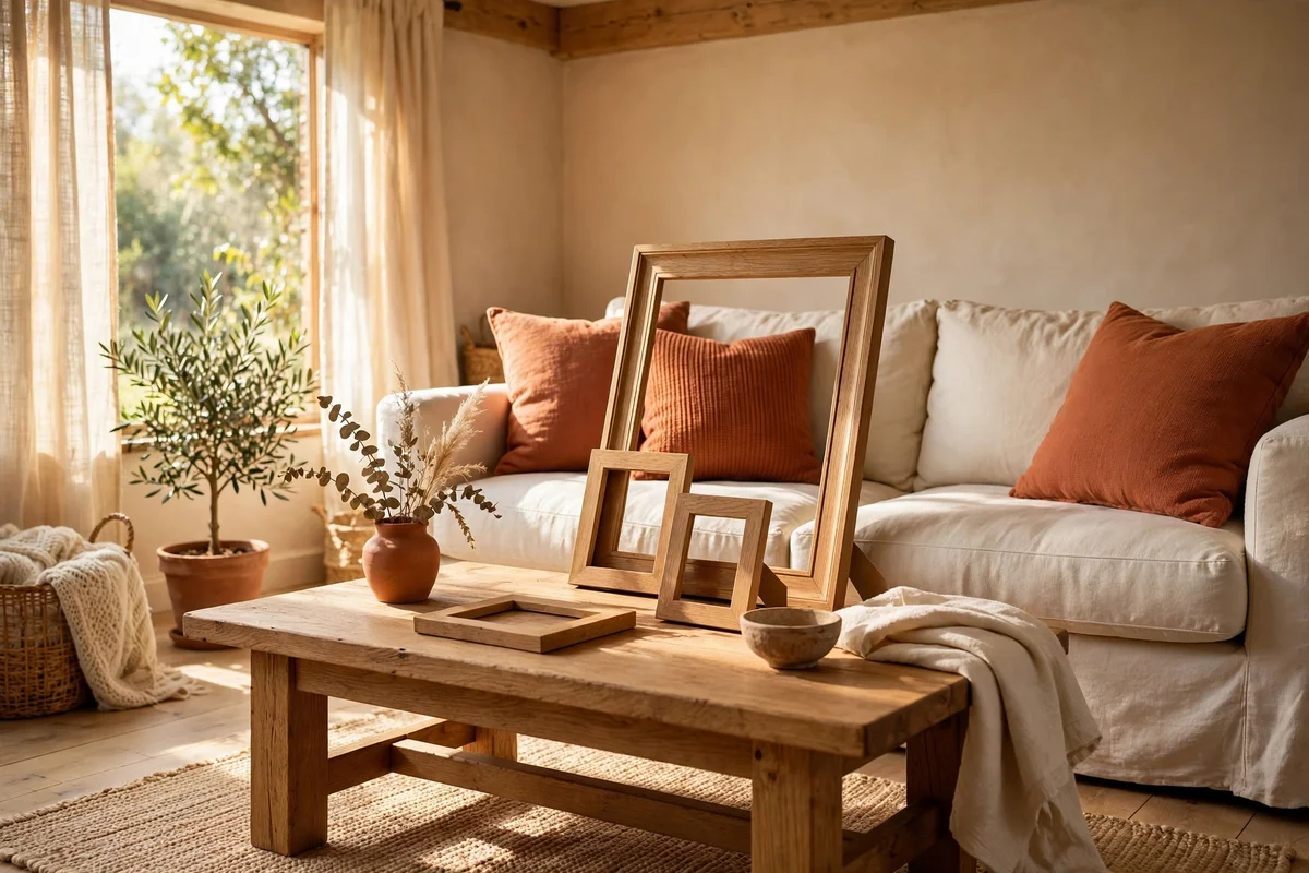 Oak and walnut wood tones connecting terracotta and cream in a living room