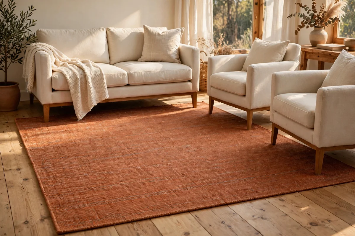 Terracotta flatweave rug anchoring a cream sofa and chairs