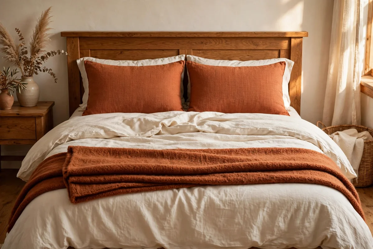 Cream bedding layered with terracotta cushions and a rust throw