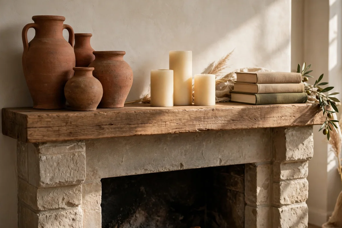 Mantel styled with clay vases and cream pillar candles