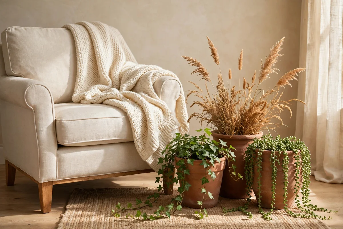 Clay planter group beside a cosy reading chair