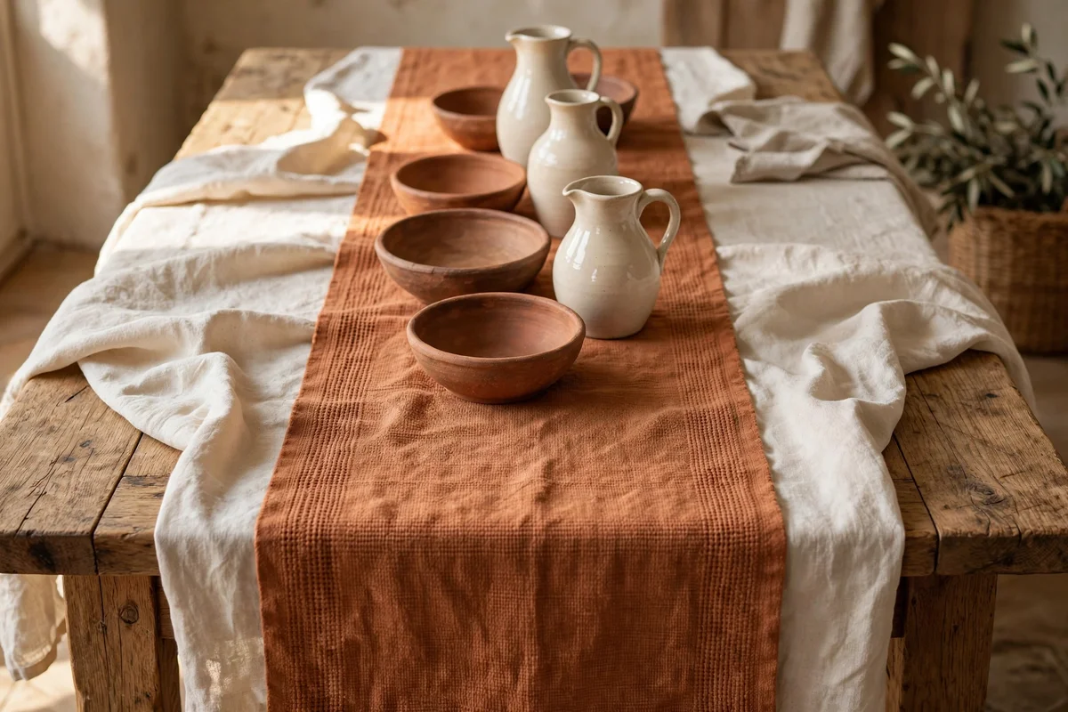 Dining table with a terracotta runner over cream linen