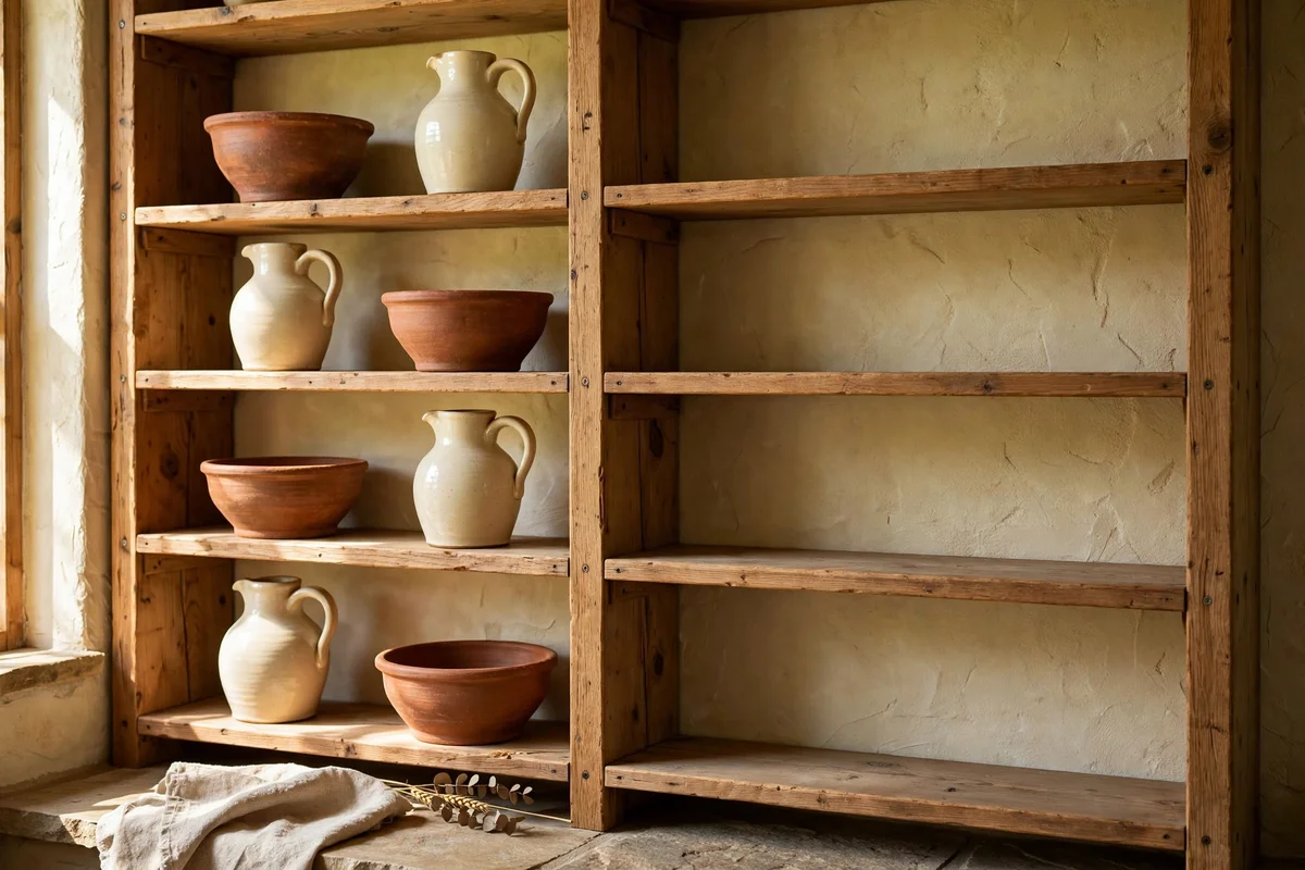 Open shelves styled with clay bowls and cream jugs