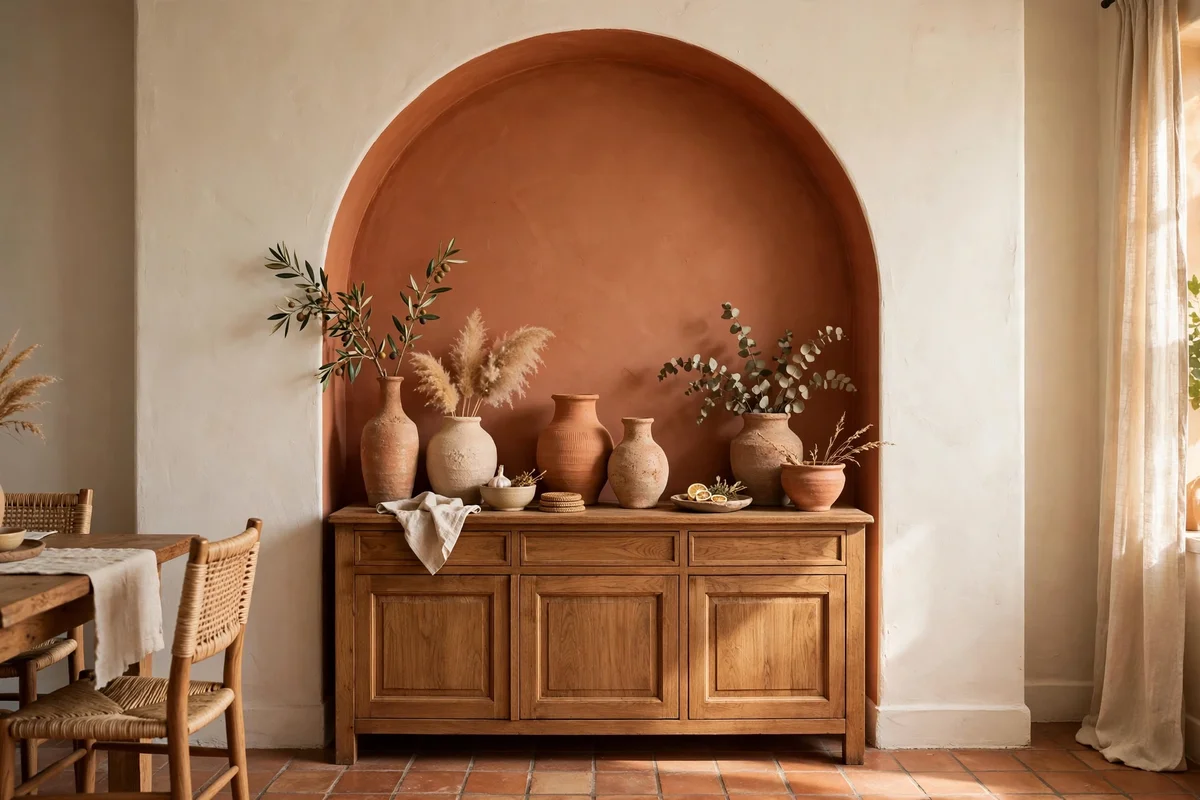 Terracotta painted arch in a cream dining alcove